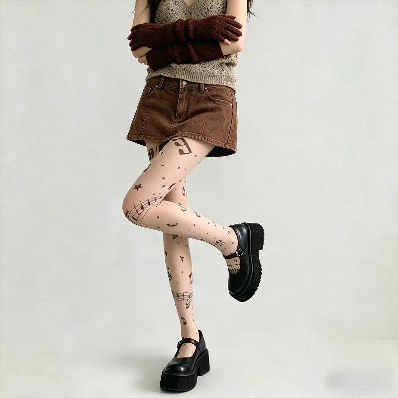 Y2K Musical Note Print Sheer P - Tights Pantyhose Sheer ulasan dan harga